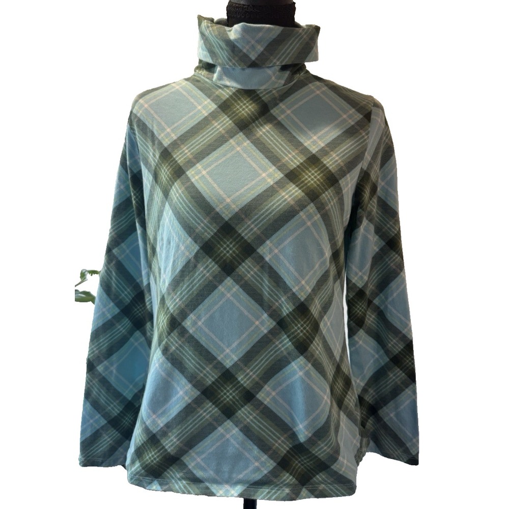 Vintage Talbots Turtleneck Medium Plaid Green Blue Cotton Retro Comfy Winter